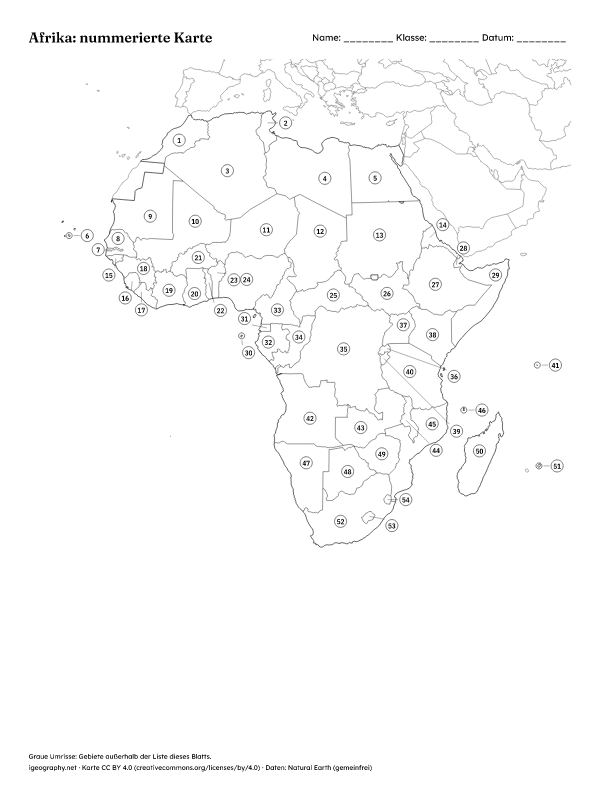Stumme Karte Afrika und Afrikakarte mit Namen: Nummerierte Karte mit Lösungen (Vorschau)