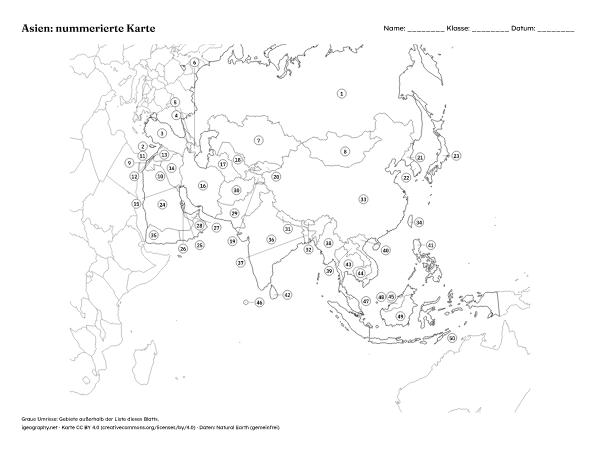 Stumme Karte Asien und Asienkarte mit Namen: Nummerierte Karte mit Lösungen (Vorschau)