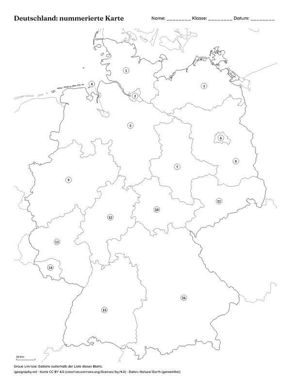 Stumme Karte Deutschland mit Bundesländern und Karte mit Namen: Nummerierte Karte mit Lösungen (Vorschau)