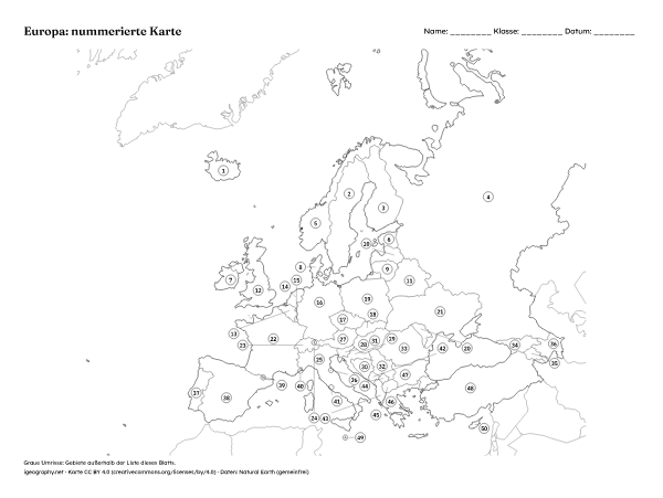 Stumme Karte Europa und Europakarte mit Namen: Nummerierte Karte mit Lösungen (Vorschau)