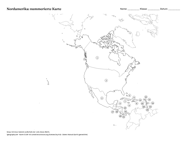 Stumme Karte Nordamerika zum Ausdrucken: Nummerierte Karte mit Lösungen (Vorschau)