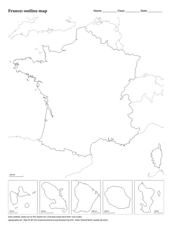 Blank map of France with regions and labeled map: Outline map (preview)