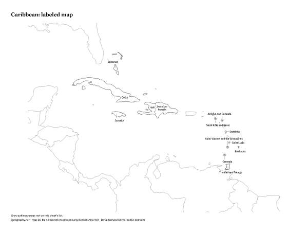 Blank Caribbean map and labeled Caribbean map: Labeled map (preview)