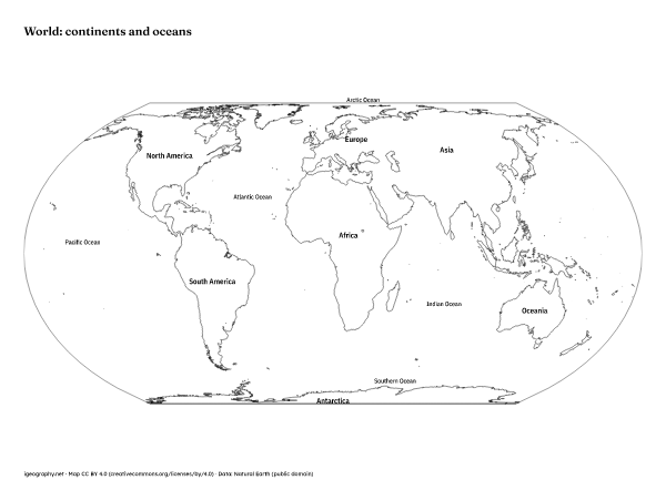 Blank world map and labeled world map: Continents and oceans (preview)