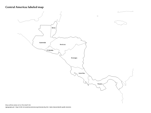 Blank map of Central America and labeled map: Labeled map (preview)