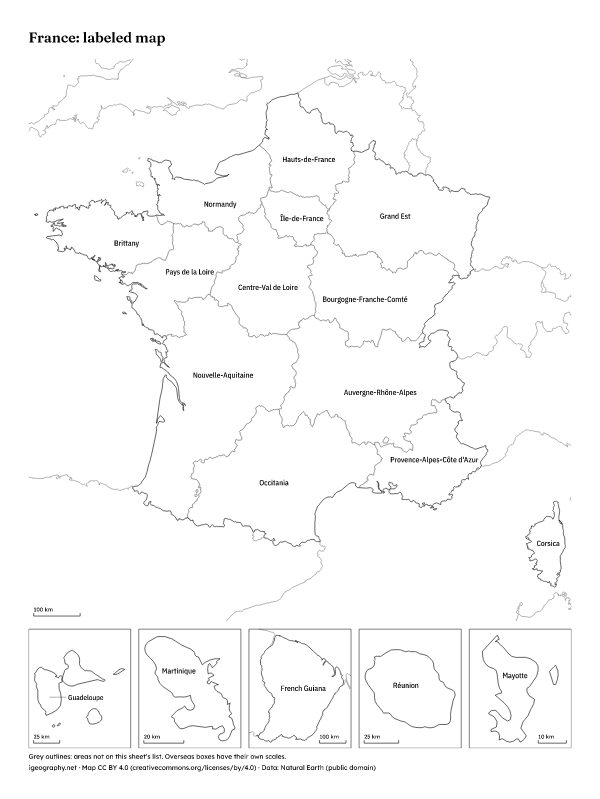 Blank map of France with regions and labeled map: Labeled map (preview)