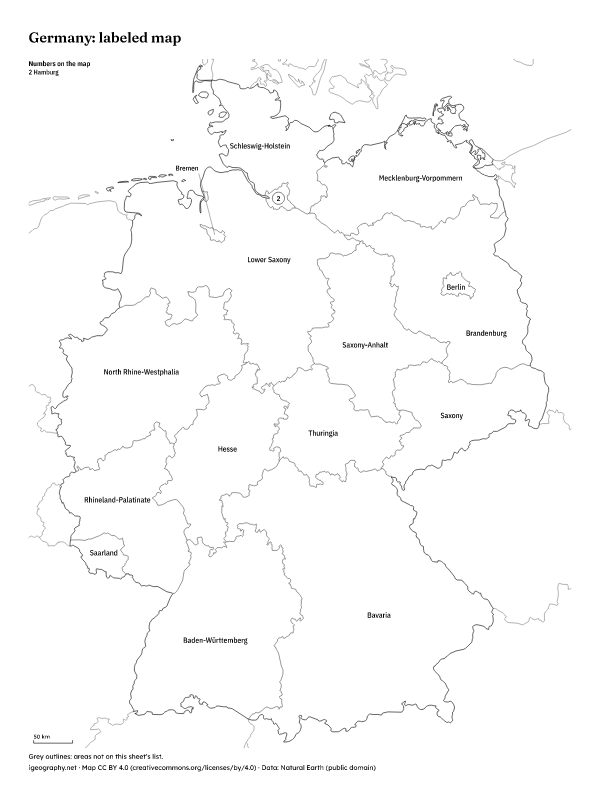 Blank map of Germany with states and labeled map: Labeled map (preview)