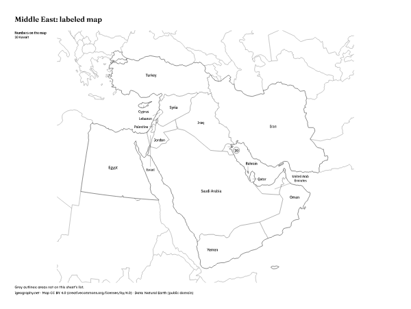 Blank map of the Middle East and labeled map: Labeled map (preview)