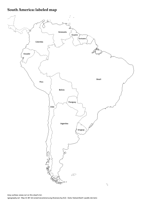 Blank South America map and labeled South America map: Labeled map (preview)
