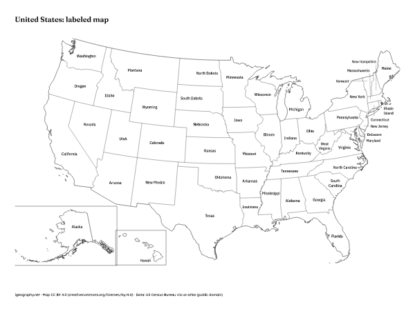 US blank map and labeled map of the states: Labeled map (preview)