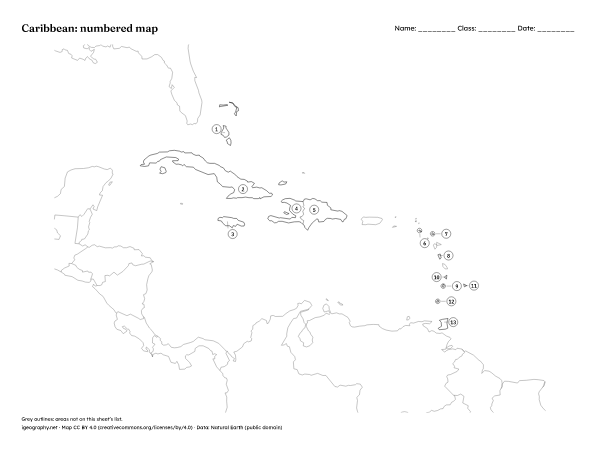 Blank Caribbean map and labeled Caribbean map: Numbered map and answer key (preview)