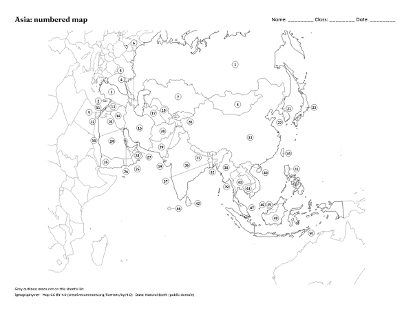 Blank map of Asia and labeled map of Asia: Numbered map and answer key (preview)