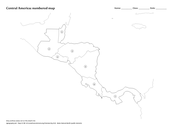 Blank map of Central America and labeled map: Numbered map and answer key (preview)