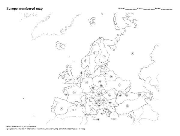 Blank map of Europe and labeled map of Europe: Numbered map and answer key (preview)