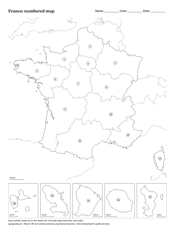 Blank map of France with regions and labeled map: Numbered map and answer key (preview)
