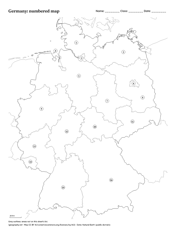 Blank map of Germany with states and labeled map: Numbered map and answer key (preview)