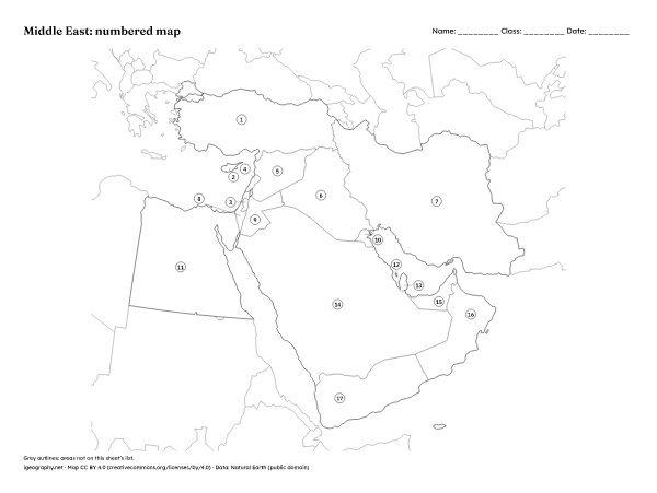 Blank map of the Middle East and labeled map: Numbered map and answer key (preview)