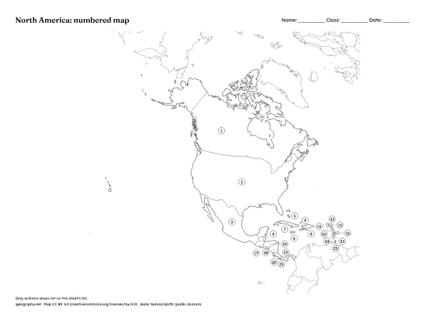 Blank North America map and labeled North America map: Numbered map and answer key (preview)