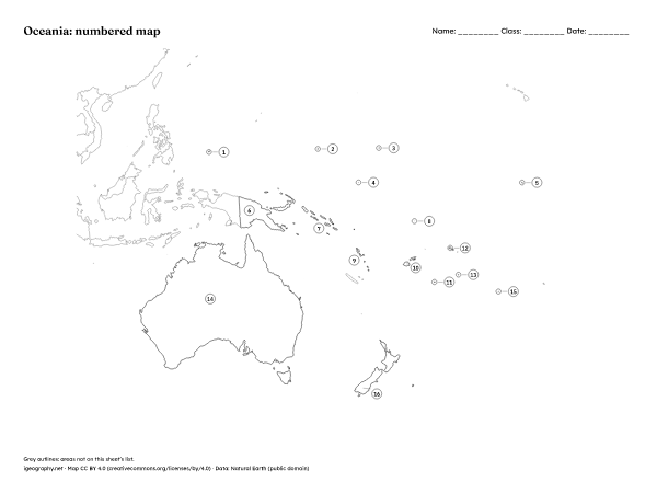 Blank map of Oceania and labeled map of Oceania: Numbered map and answer key (preview)