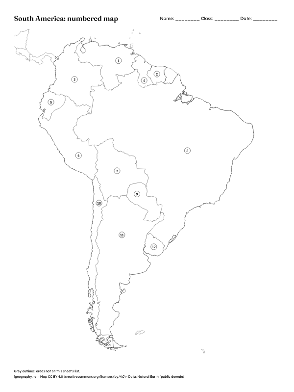 Blank South America map and labeled South America map: Numbered map and answer key (preview)