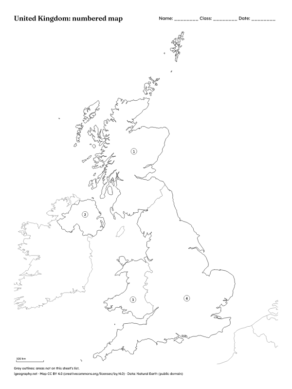 Blank map of the UK with its four countries: Numbered map and answer key (preview)