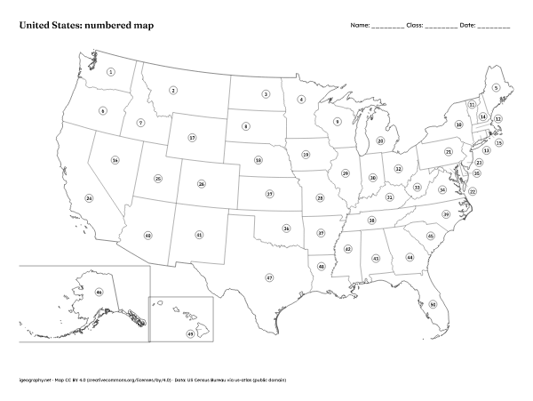 US blank map and labeled map of the states: Numbered map and answer key (preview)