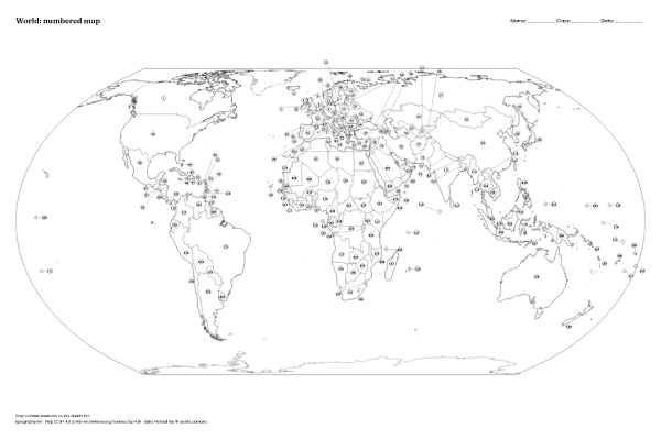 Blank world map and labeled world map: Numbered world map and answer key (poster) (preview)