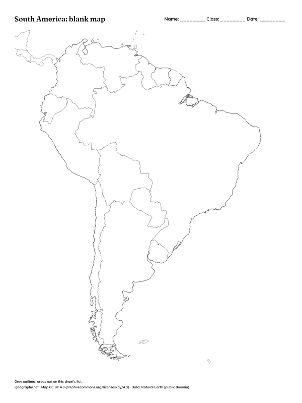 Blank South America map and labeled South America map: Blank map (preview)