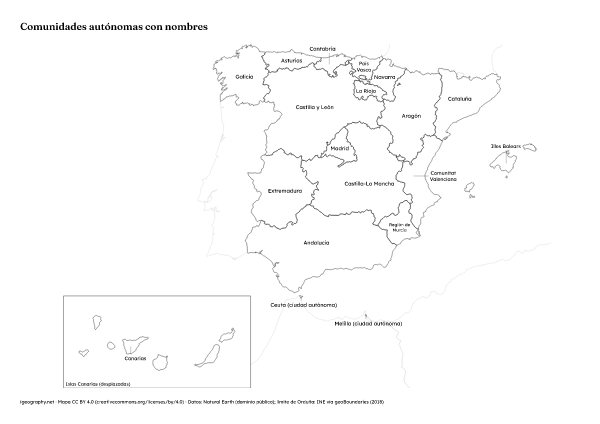 Mapa mudo de España: Comunidades autónomas con nombres (A4)