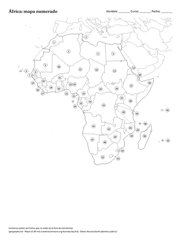 Mapa mudo de África y mapa de África con nombres: Mapa numerado y solucionario (vista previa)