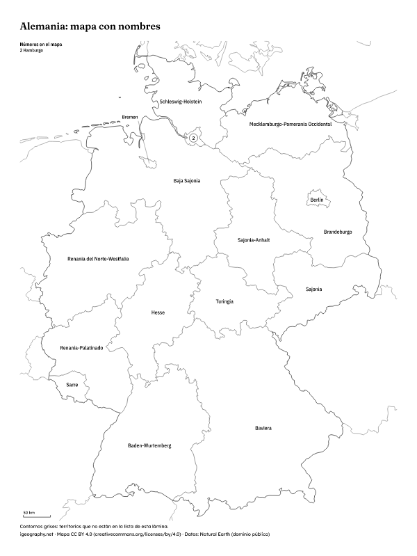 Mapa mudo de Alemania y mapa de sus estados con nombres: Mapa con nombres (vista previa)