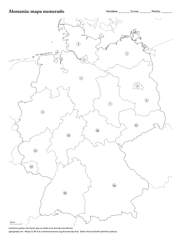 Mapa mudo de Alemania y mapa de sus estados con nombres: Mapa numerado y solucionario (vista previa)