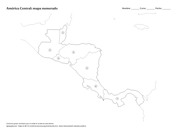 Mapa mudo de América Central y mapa con nombres: Mapa numerado y solucionario (vista previa)
