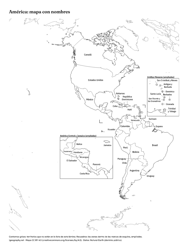 Mapa mudo de América y mapa de América con nombres: Mapa con nombres (vista previa)