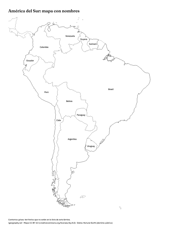 Mapa mudo de América del Sur y mapa con nombres: Mapa con nombres (vista previa)