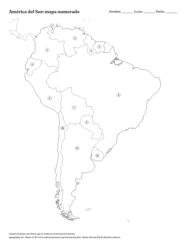 Mapa mudo de América del Sur y mapa con nombres: Mapa numerado y solucionario (vista previa)