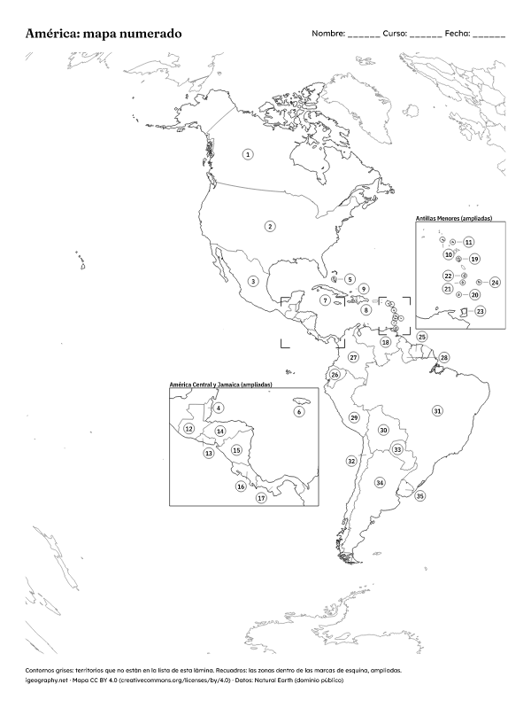 Mapa mudo de América y mapa de América con nombres: Mapa numerado y solucionario (vista previa)