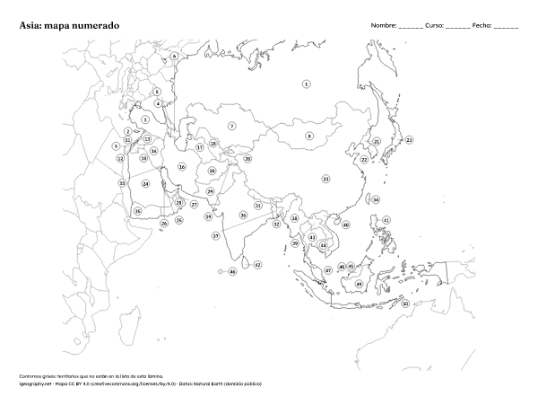 Mapa mudo de Asia y mapa de Asia con nombres: Mapa numerado y solucionario (vista previa)