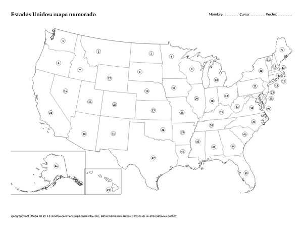 Mapa mudo de Estados Unidos y mapa con nombres: Mapa numerado y solucionario (vista previa)