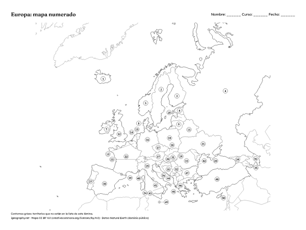 Mapa mudo de Europa y mapa de Europa con nombres: Mapa numerado y solucionario (vista previa)