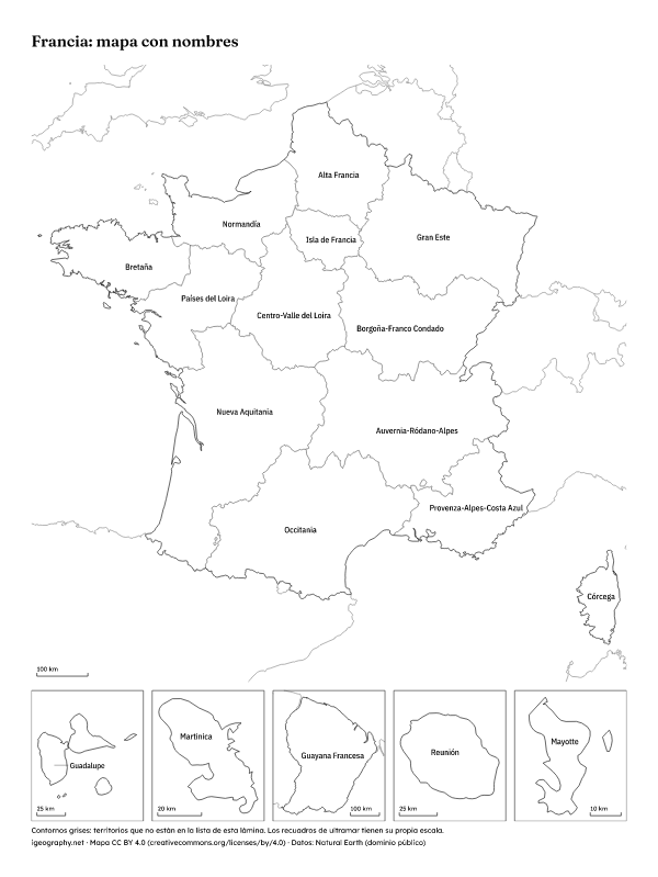 Mapa mudo de Francia y mapa de sus regiones con nombres: Mapa con nombres (vista previa)