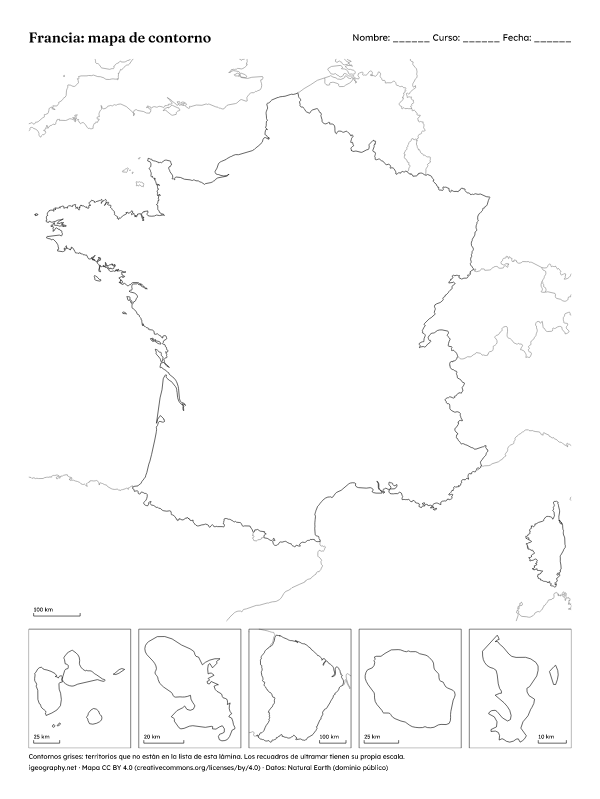 Mapa mudo de Francia y mapa de sus regiones con nombres: Mapa de contorno (vista previa)