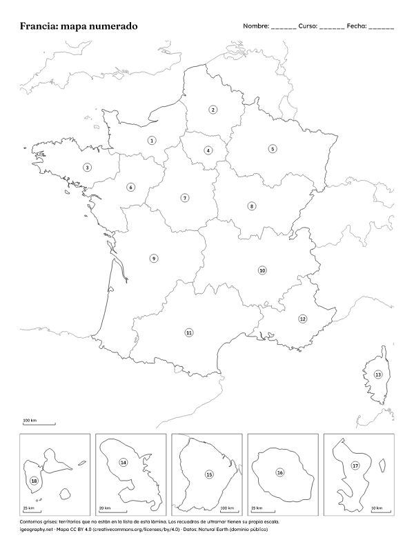 Mapa mudo de Francia y mapa de sus regiones con nombres: Mapa numerado y solucionario (vista previa)