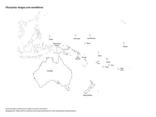 Mapa mudo de Oceanía y mapa de Oceanía con nombres: Mapa con nombres (vista previa)