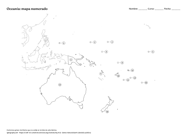 Mapa mudo de Oceanía y mapa de Oceanía con nombres: Mapa numerado y solucionario (vista previa)