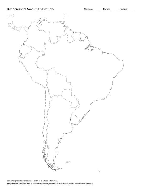 Mapa mudo de América del Sur y mapa con nombres: Mapa mudo (vista previa)