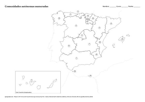Mapa mudo de España: Comunidades autónomas numeradas (A4)