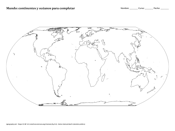 Mapa mudo del mundo y planisferio con nombres: Contornos de los continentes (vista previa)