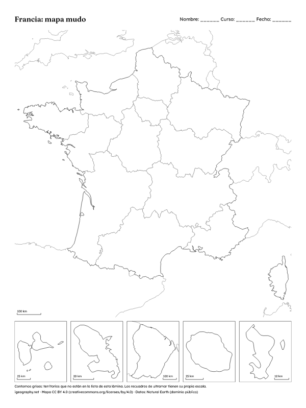 Mapa mudo de Francia y mapa de sus regiones con nombres: Mapa mudo (vista previa)