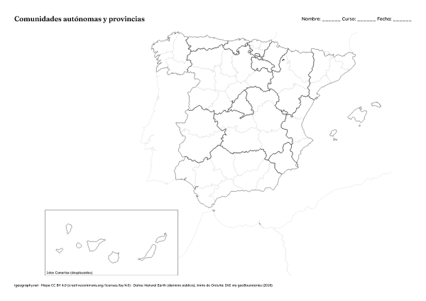 Mapa mudo de España: Comunidades autónomas y provincias (A4)